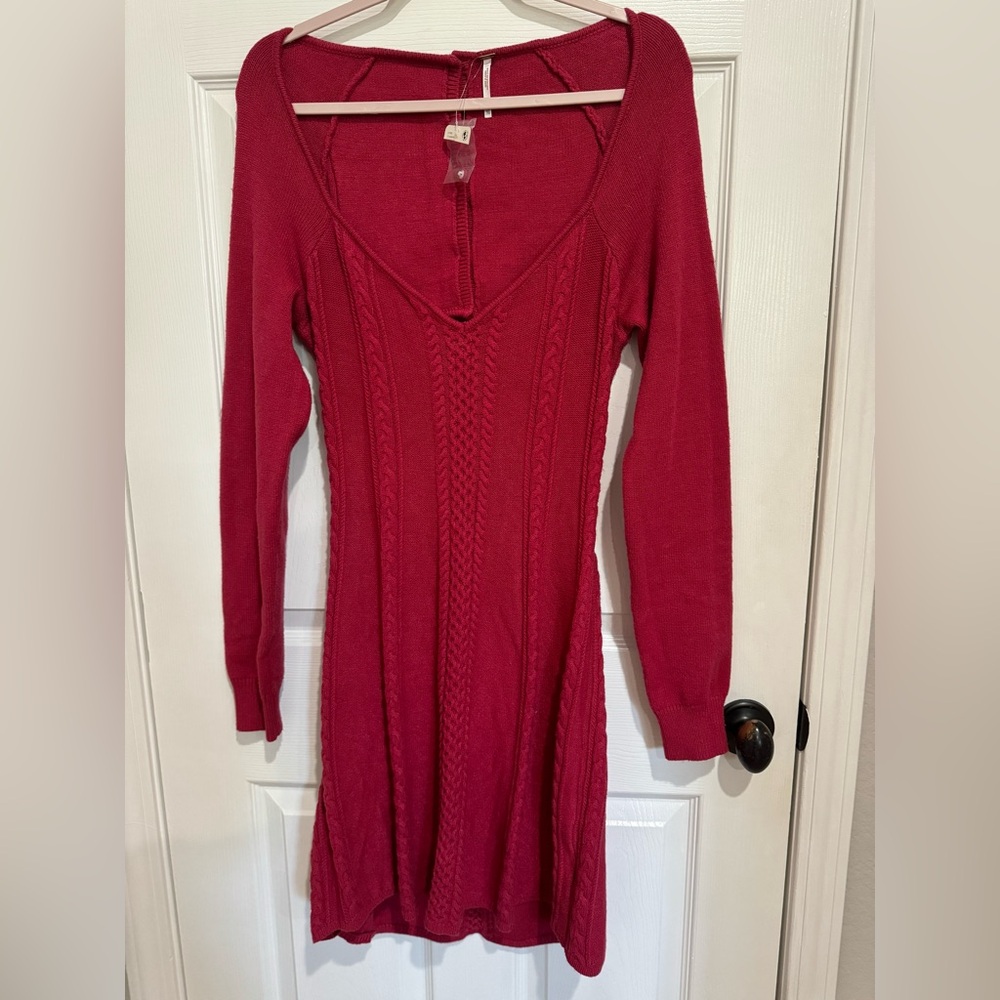 FREE PEOPLE Sweater Mini Dress Size XL Red Pink Knitted Long sleeves Stretch - Picture 9 of 10